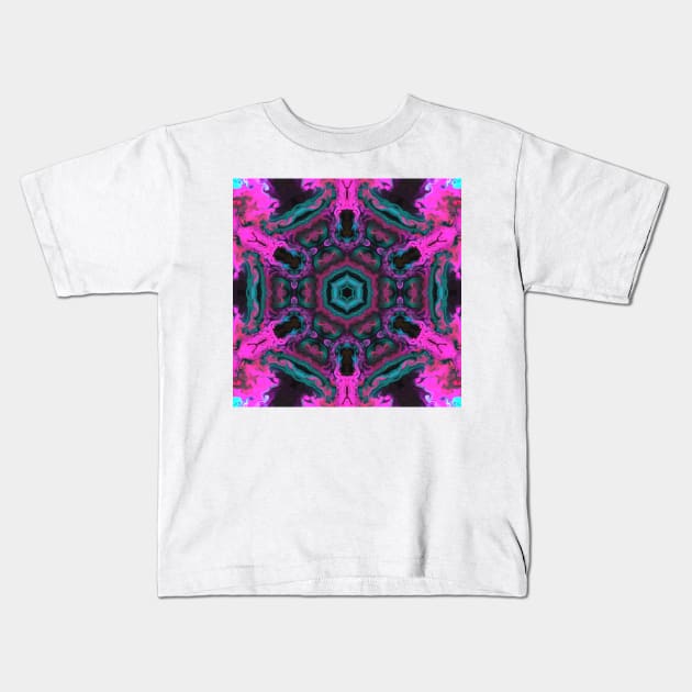 Psychedelic Hippie Flower Pink Black and Teal Kids T-Shirt by WormholeOrbital